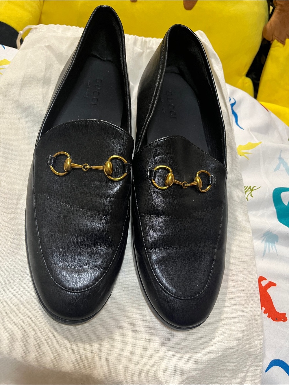 Gucci Black Leather Moccasins with Gold Horsebit Accent